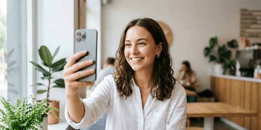 Young adult taking a selfie with natural lighting and clean background, showing confident and perfect pose.